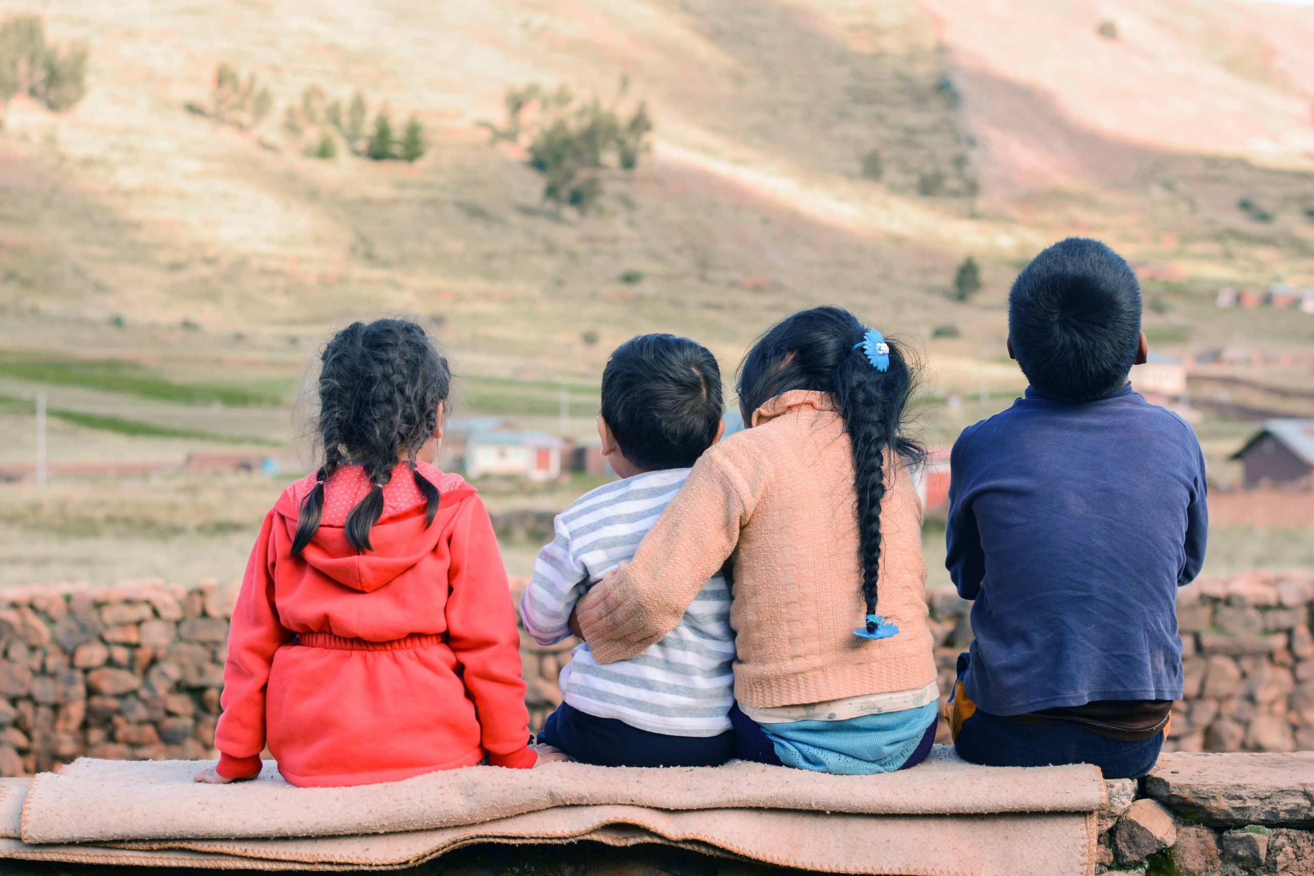 Niños sentados mirando el paisaje